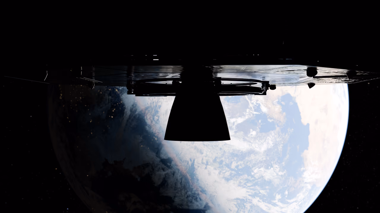 Silhouette of a spacecraft engine with Earth visible below in space.