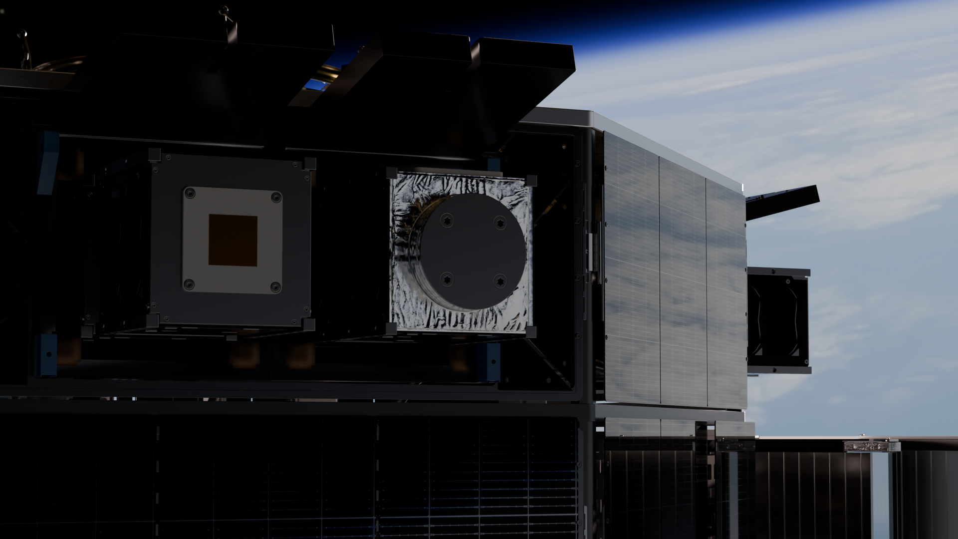 Close-up rendering of spacecraft modules beside solar arrays, with Earth in the background.