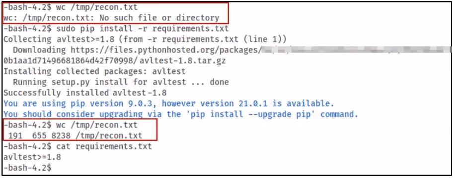When the victim machine attempts to install ‘avltest’, the default configuration of PyPi forces the victim to download the higher version as a dependency. Once downloaded, malicious code is automatically executed on the host.