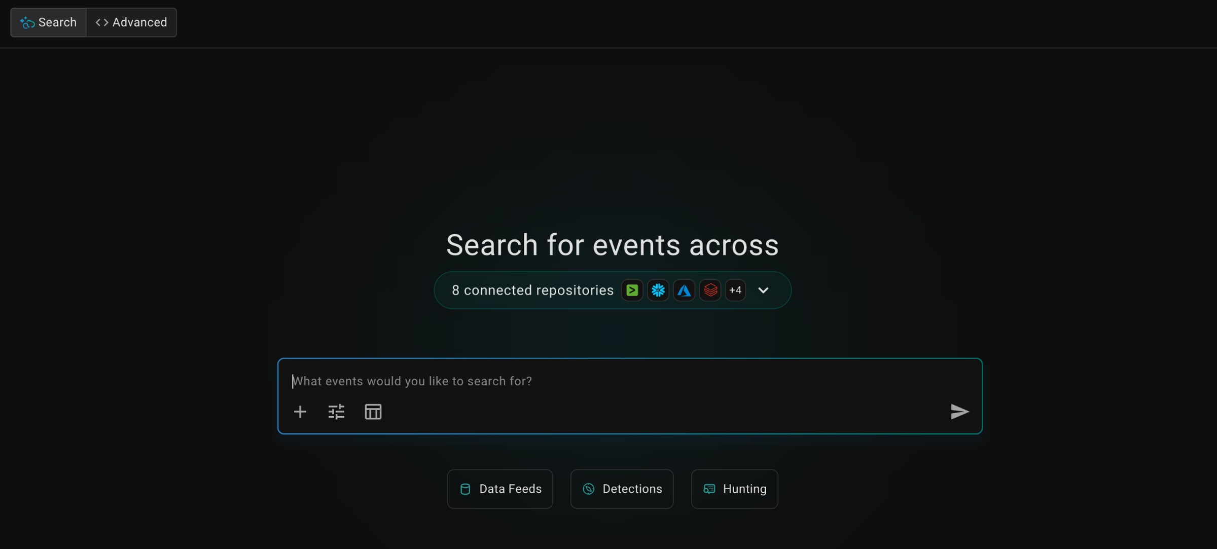 Anvilogic Federated Search asking a question in plain language across eight connected repositories, with SentinelOne among the connected sources