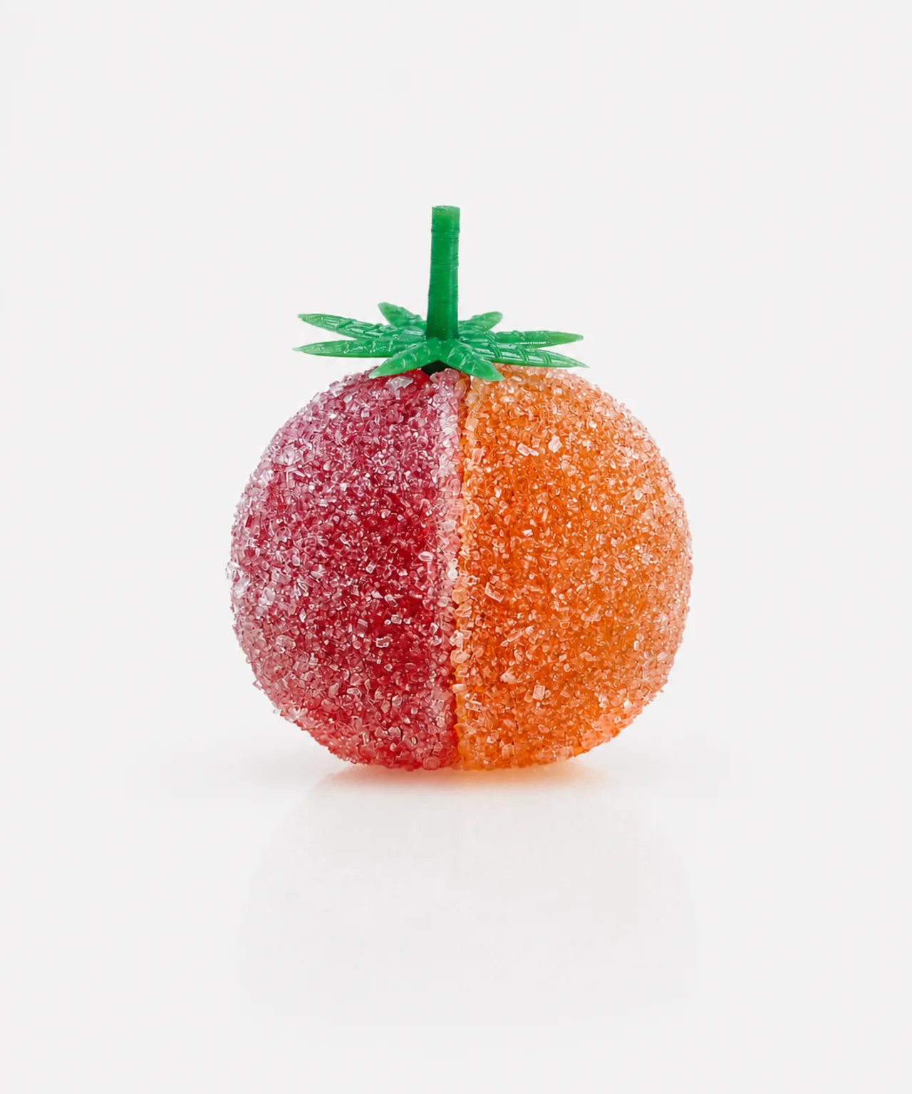 Bicolor snoepje, half rood en half oranje, met groen steeltje
