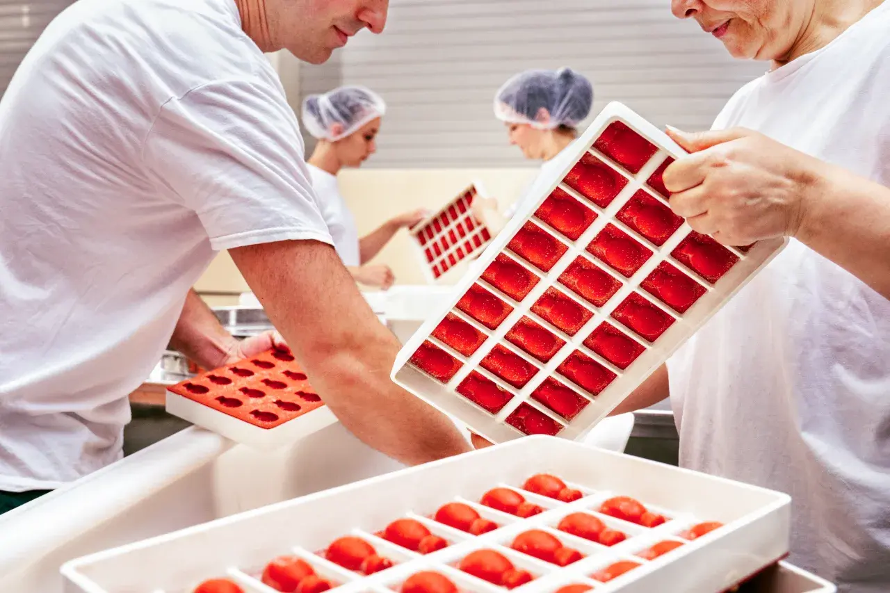 Medewerkers houden trays met rode pâte de fruits vast in de productiehal