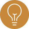 White light bulb icon inside a brown circular background.
