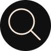 White magnifying glass icon on a black circular background representing search.