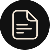 Icon of a white document page with folded corner and lines on a black circular background.