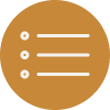Brown circle with white bullet points and three horizontal lines representing a list icon.