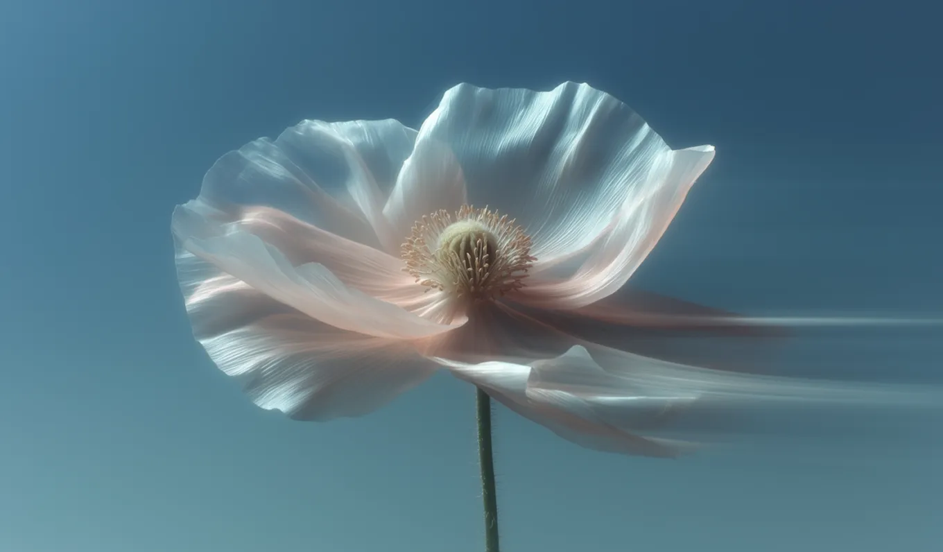 Close-up of a delicate pale flower with flowing petals against a clear blue sky.