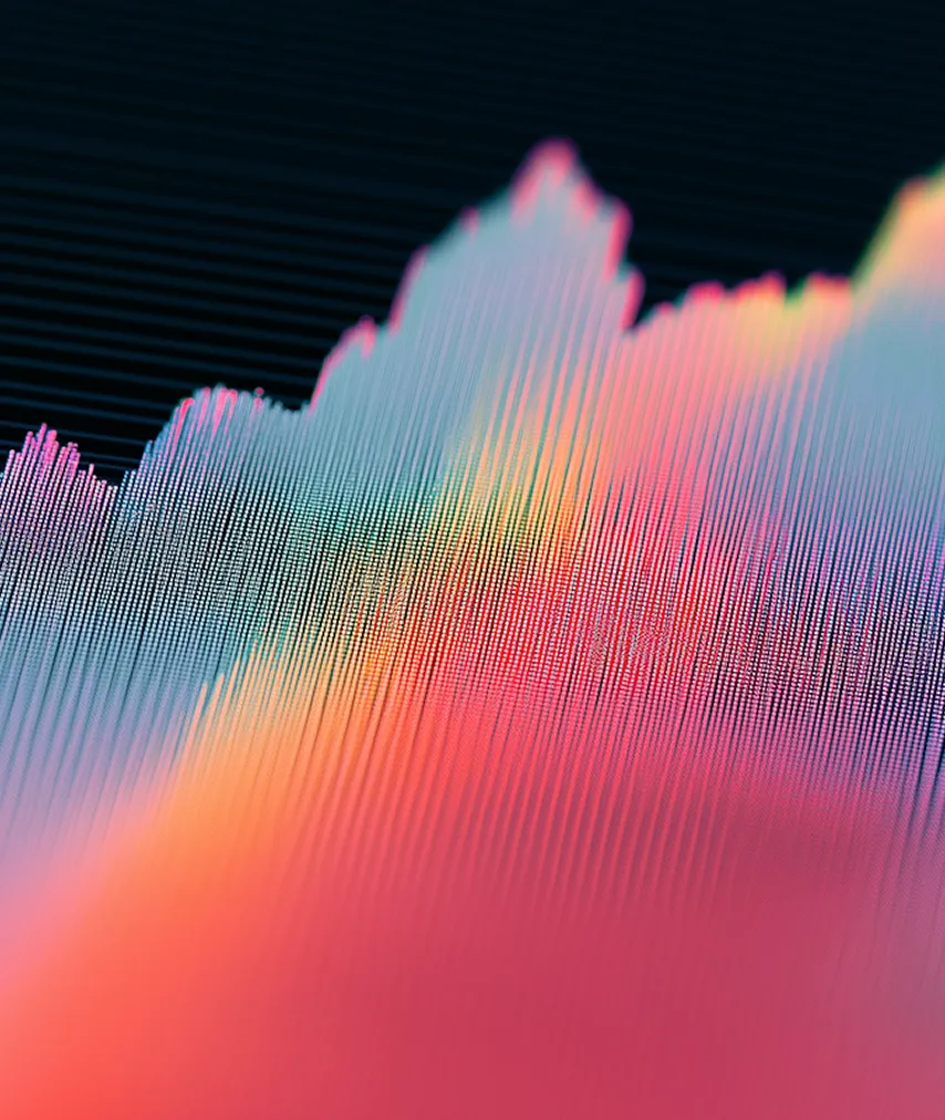 Abstract digital 3D wave of colorful vertical lines blending red, pink, orange, blue, and green shades.
