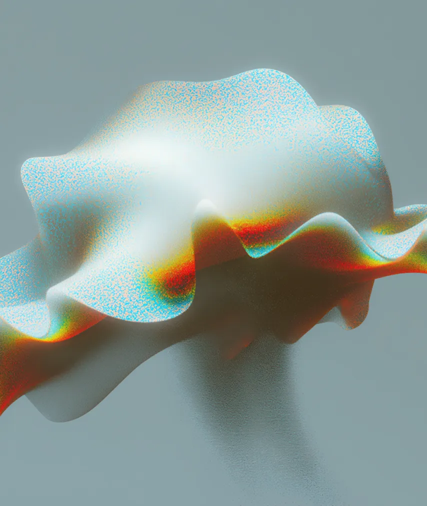 Abstract colorful wavy shape with blue, red, and yellow speckles on a gray background.
