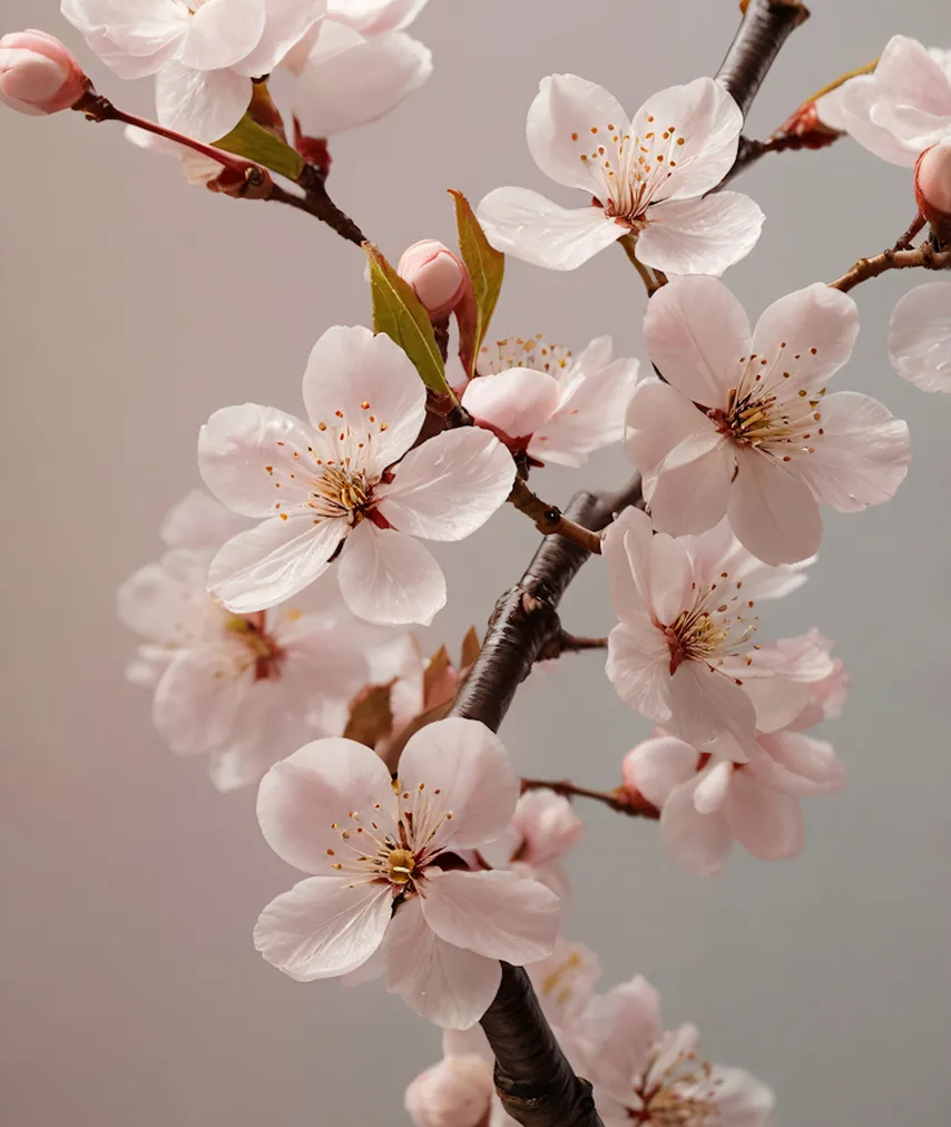Close-up of delicate pale pink cherry blossom flowers on brown branches with soft background.