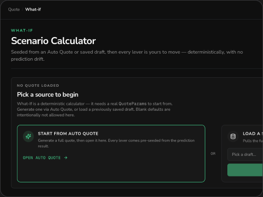 RFQ Automator what-if scenario calculator seeded from an automated quote
