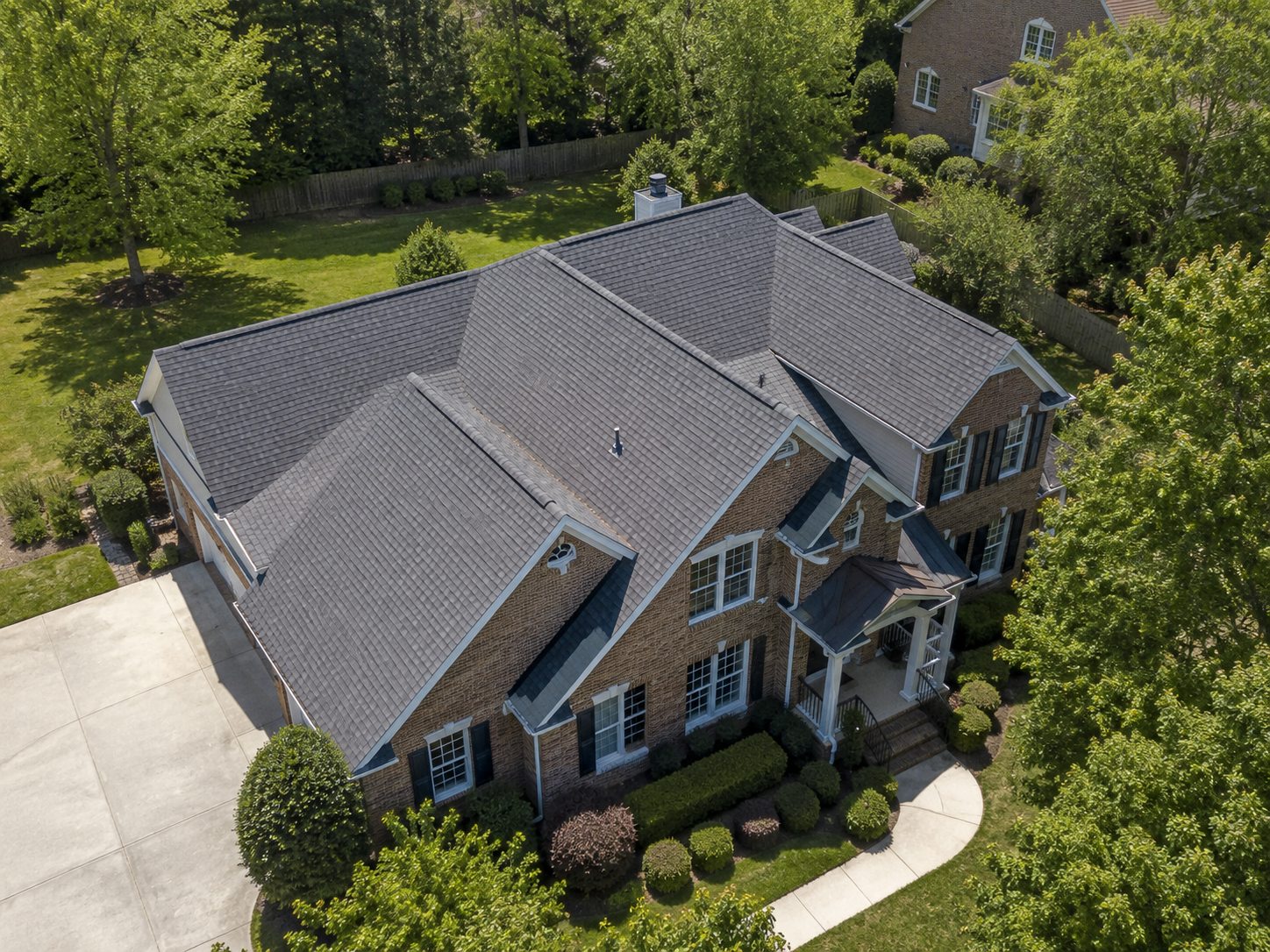 Aerial view of a completed roofing project by KS Roofing Group