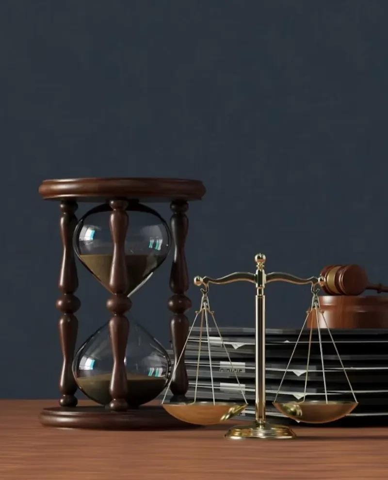Scales of justice with hourglass and gavel symbolizing balanced mediation and dispute resolution in Missoula, Montana
