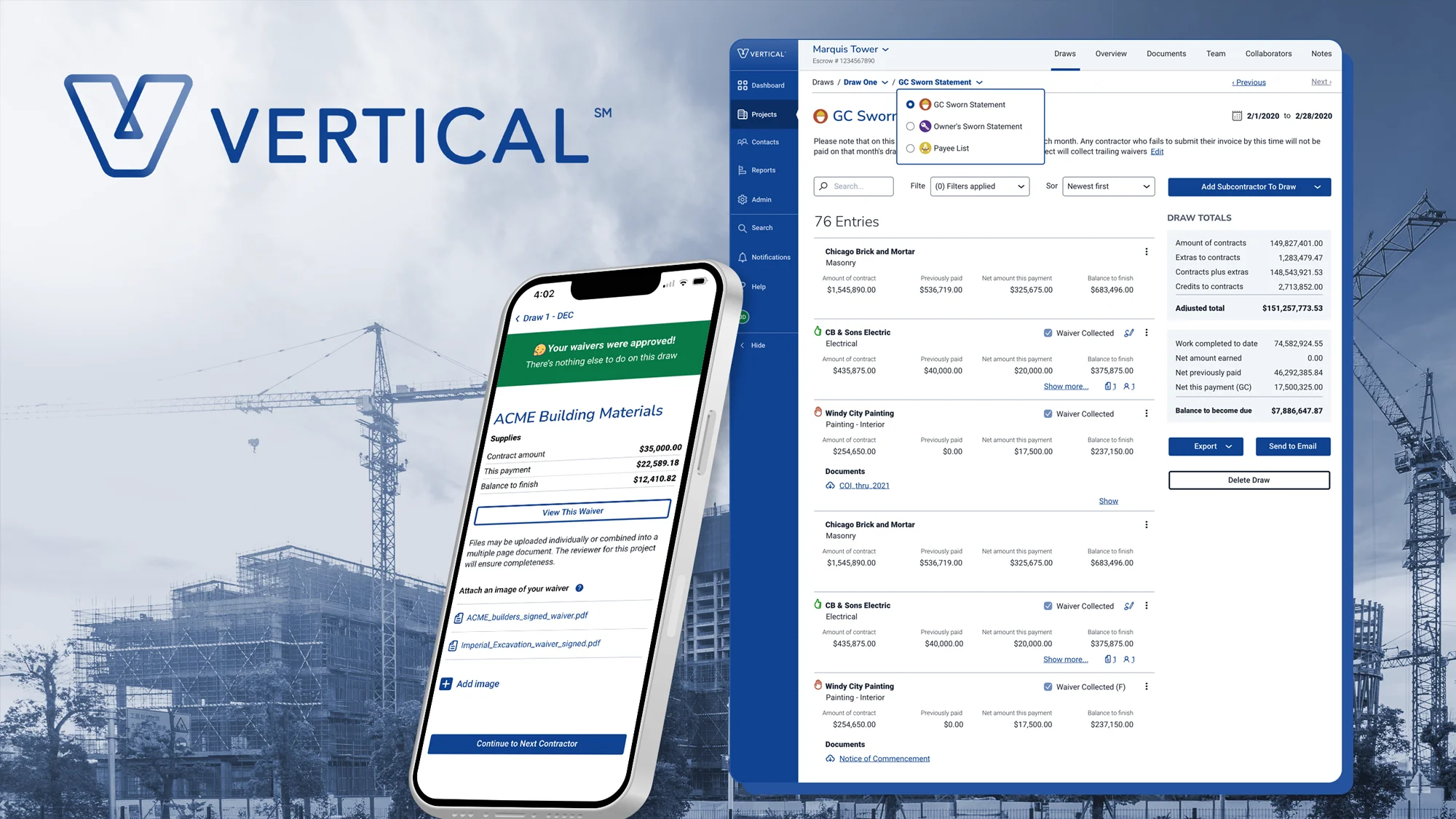 Construction project management app screen on phone and desktop with contract and payment details.