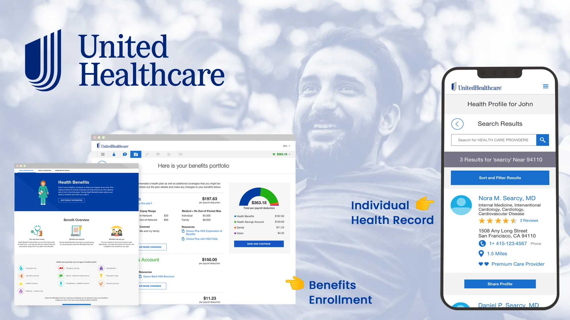 United Healthcare logo with screenshots of health benefits, enrollment info, and a mobile health profile app.