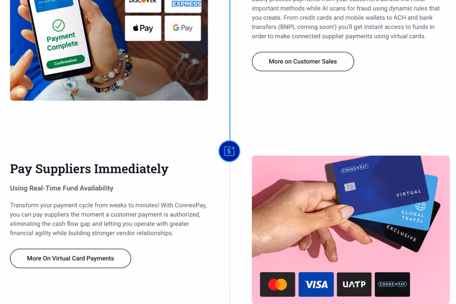 Hand holding three ConnexPay virtual cards with Mastercard, Visa, and UATP logos below on pink background.