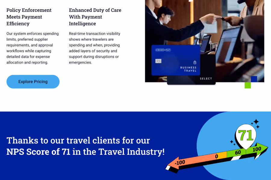 Text on payment system benefits and Travel Industry NPS score of 71 with colorful arrow gauge illustration.