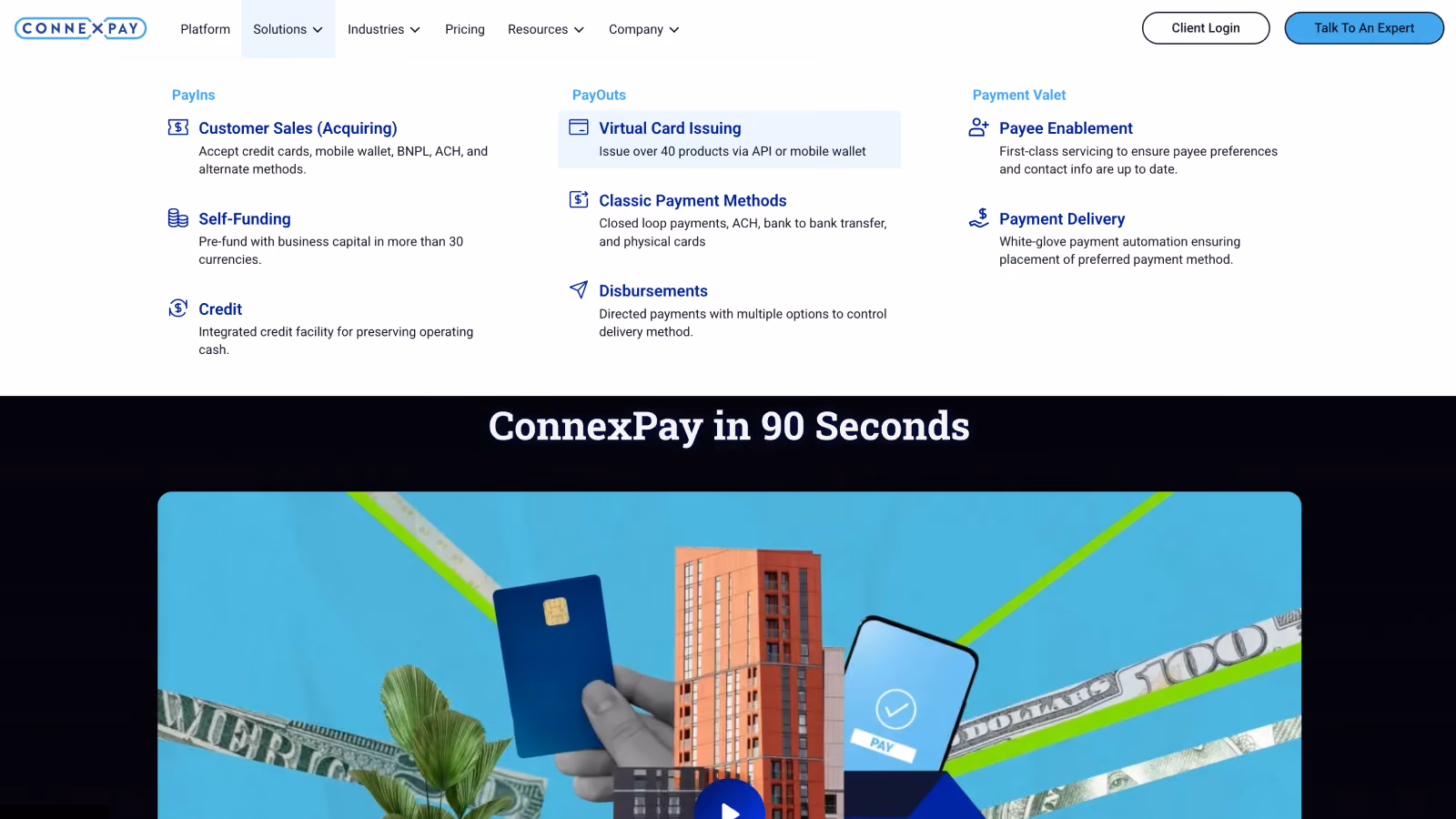 ConnexPay webpage showing payment solutions, virtual card issuing, and a video thumbnail with card and phone images.