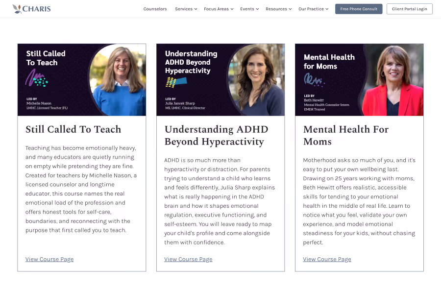 Website section with courses: Still Called To Teach, Understanding ADHD Beyond Hyperactivity, Mental Health For Moms.