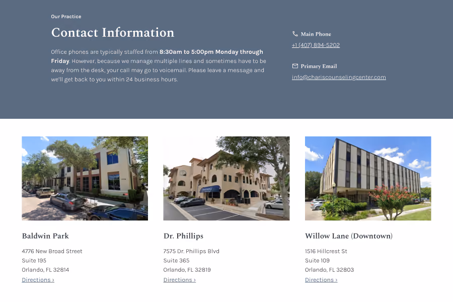 Contact info with office hours, phone, email, and images of three Orlando office locations with addresses.