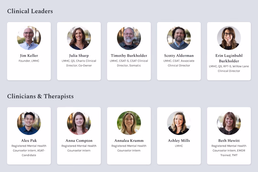 Photos and names of clinical leaders and therapists with their titles and credentials arranged in two rows.