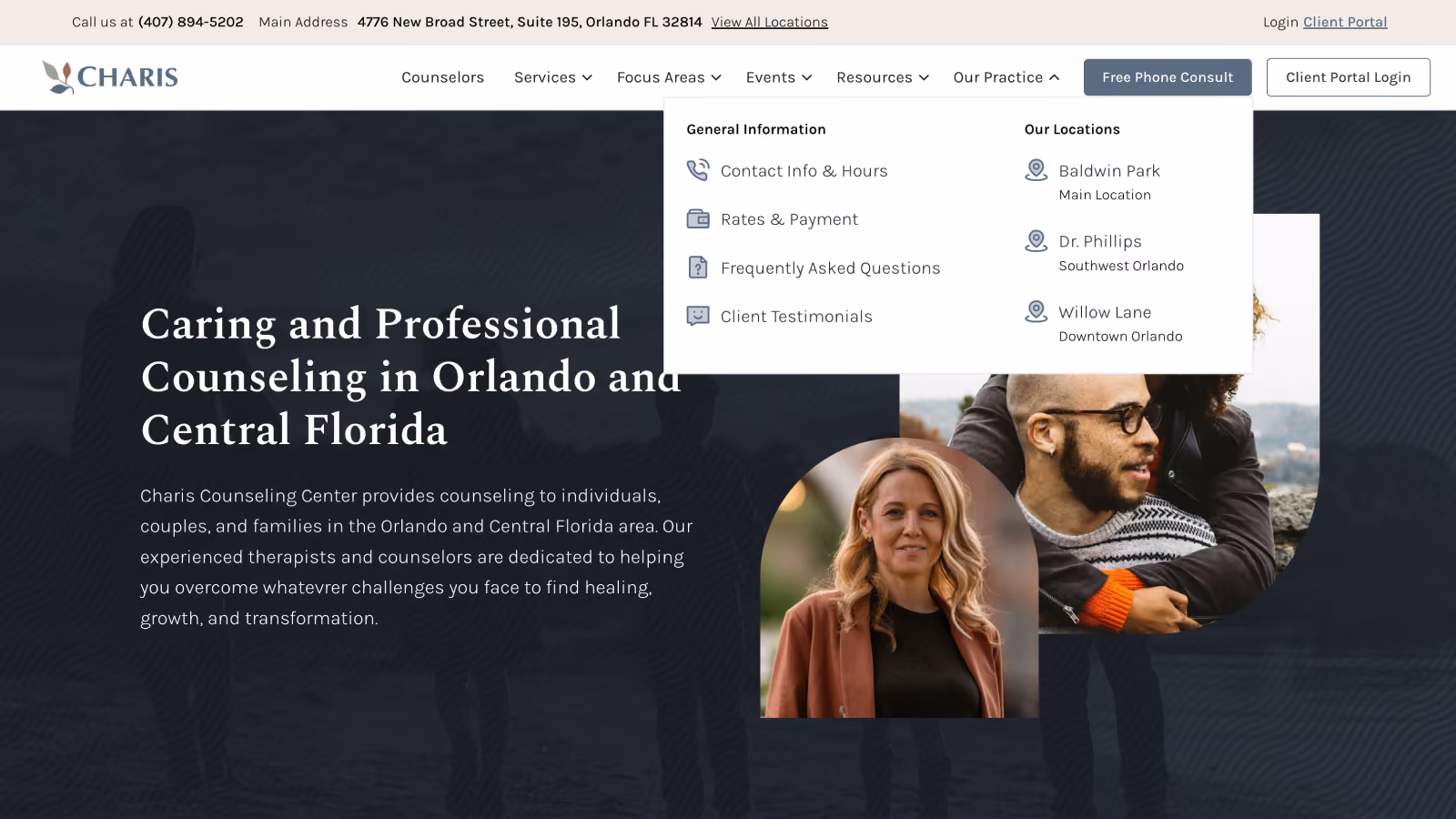 Website header with logo, navigation menu, contact info, and images of diverse counseling professionals.