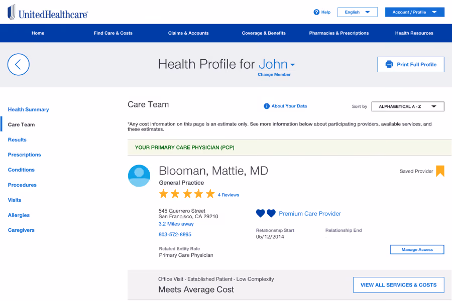 UnitedHealthcare health profile page showing primary care physician Dr. Mattie Blooman with contact and rating details.