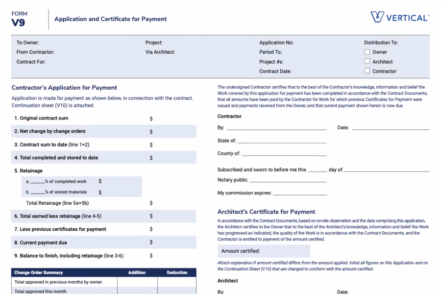 Form V9 Application and Certificate for Payment with sections for contractor and architect certifications.