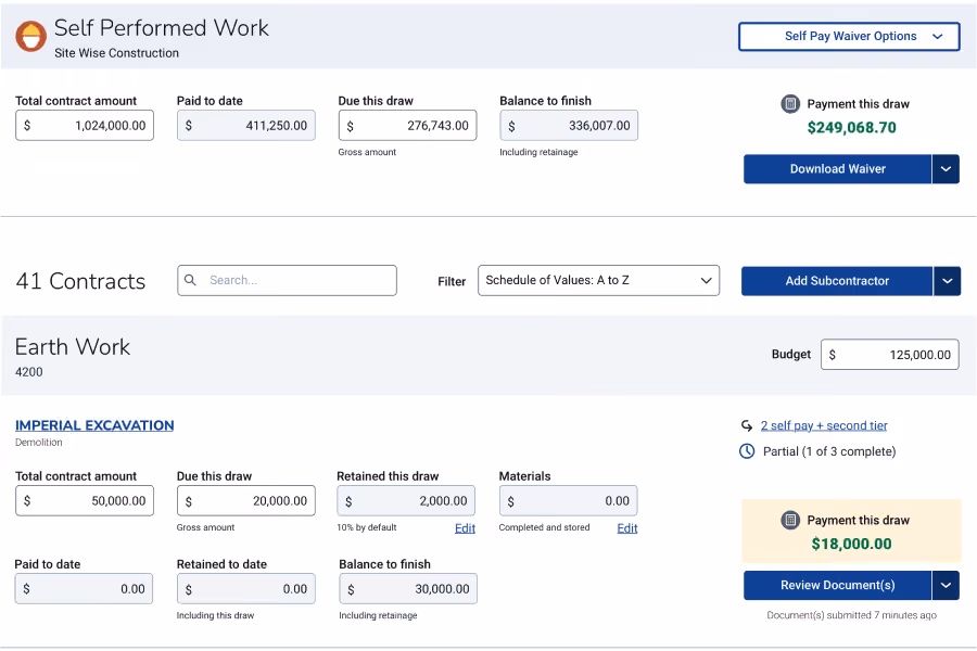 Self Performed Work dashboard showing contract amounts, payments, balances, and budget for Earth Work section.