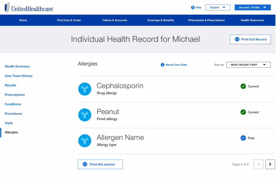 Allergy information screen within Individual Health Record