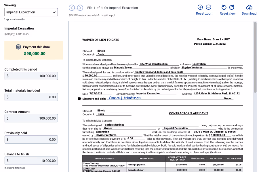 Digital form showing waiver of lien and contractor's affidavit with payment and approval details for excavation work.