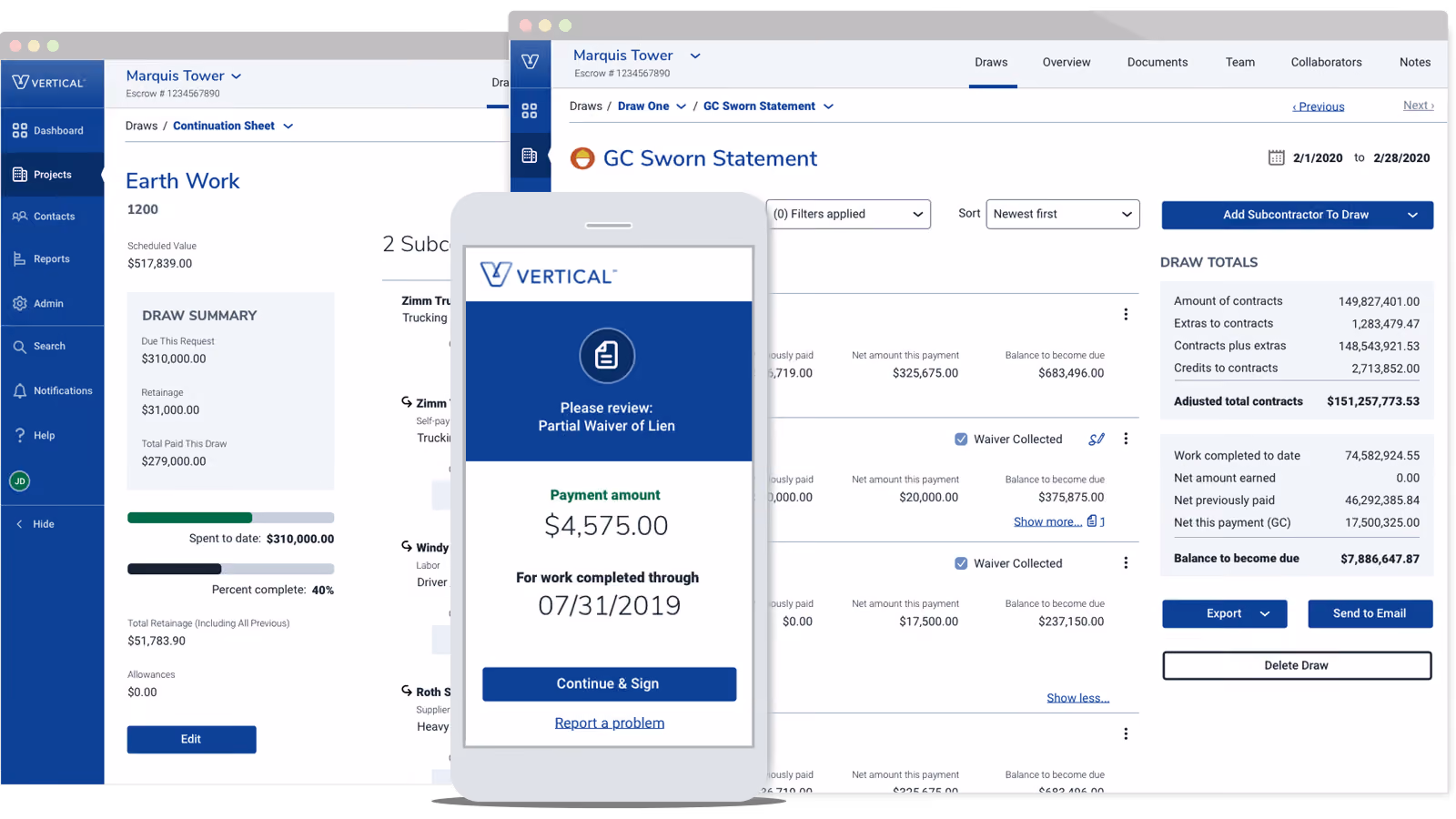 Dashboard and draw summary screens for Vertical software with partial lien waiver payment review on mobile.