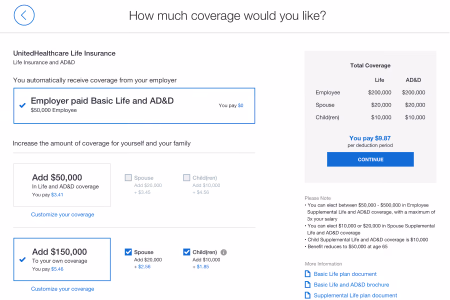 UnitedHealthcare insurance coverage options with employer-paid and additional coverage amounts and total coverage summary.