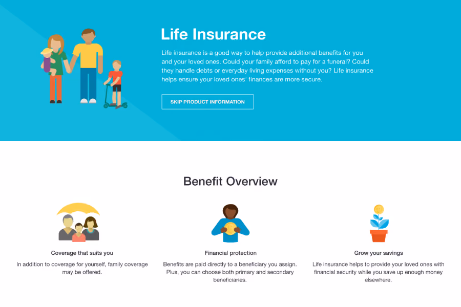 Life insurance benefits overview with family icon, financial protection, and savings growth illustrations.