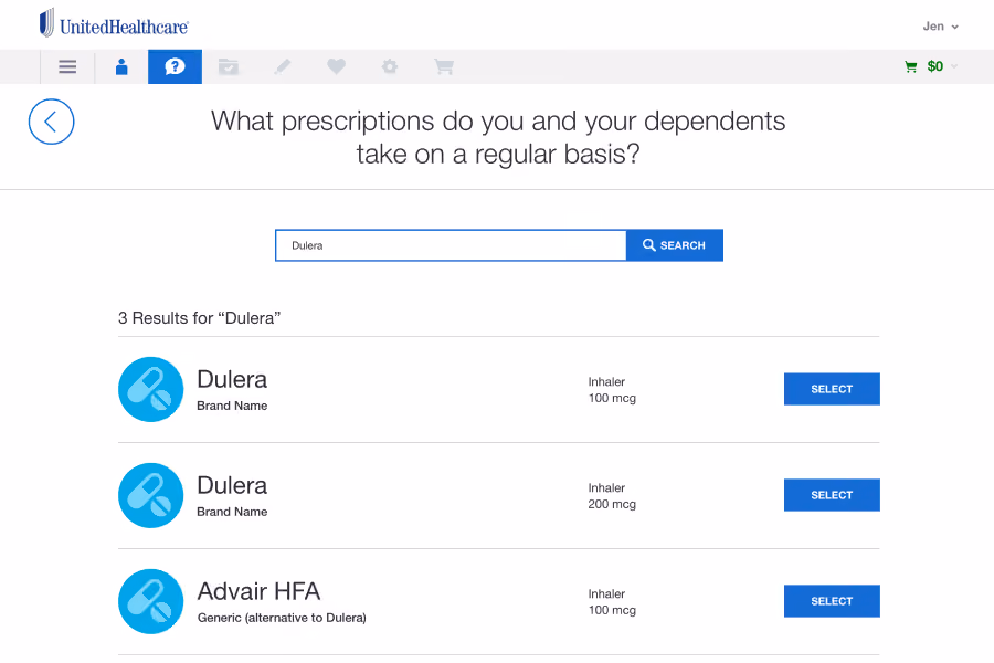 UnitedHealthcare prescription search showing Dulera inhalers and generic Advair HFA inhaler options with select buttons.