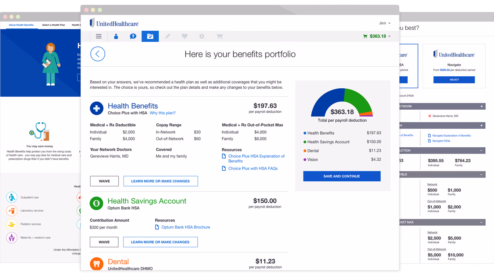 UnitedHealthcare benefits portfolio with health, savings, dental plans, payroll deductions, and coverage details.