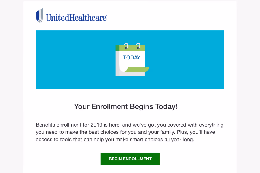 UnitedHealthcare enrollment announcement with calendar icon and a green Begin Enrollment button.
