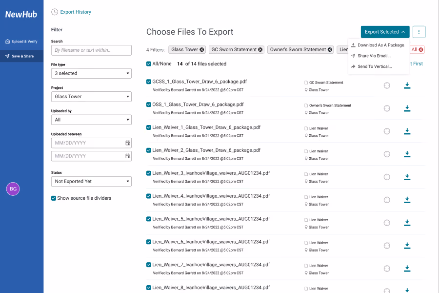 NewHub export interface with file filters, project Glass Tower, and multiple PDFs selected for export.