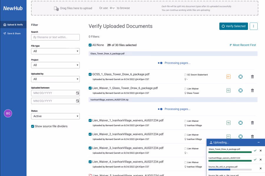 Document upload interface showing files being verified, filtered, and statuses for lien waivers and packages.