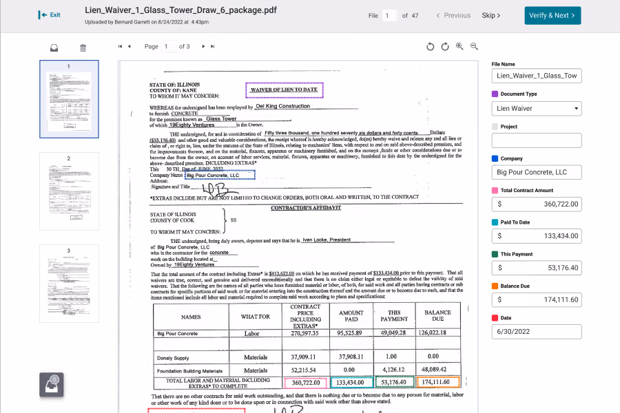 Digital PDF interface showing a lien waiver document for Big Pour Concrete with contract details and payment info.