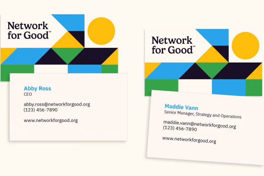 Two Network for Good business cards showing names, titles, emails, phone numbers, and website.
