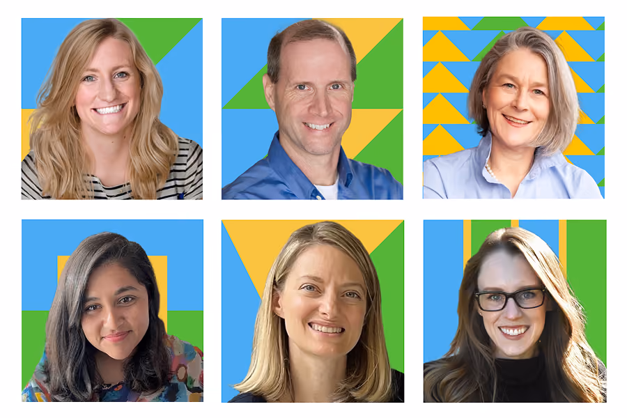 Collage of six smiling adults with colorful geometric-patterned backgrounds in blue, green, and yellow.