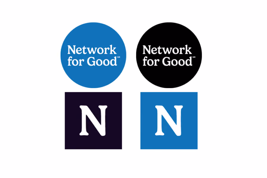 Two versions of Network for Good logos with circle text and square icons in blue, black, and white colors.