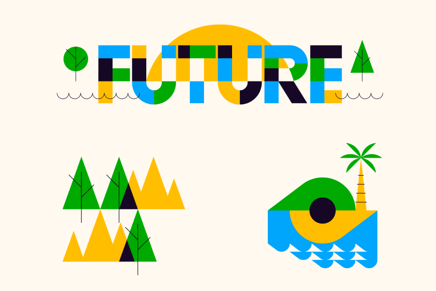 Colorful geometric shapes form word FUTURE with trees, sun, mountains, and an island with a palm tree.