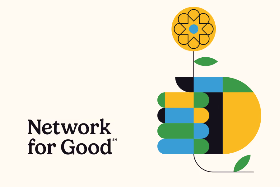 Colorful abstract hand holding a yellow flower with green leaves next to the text 'Network for Good'.