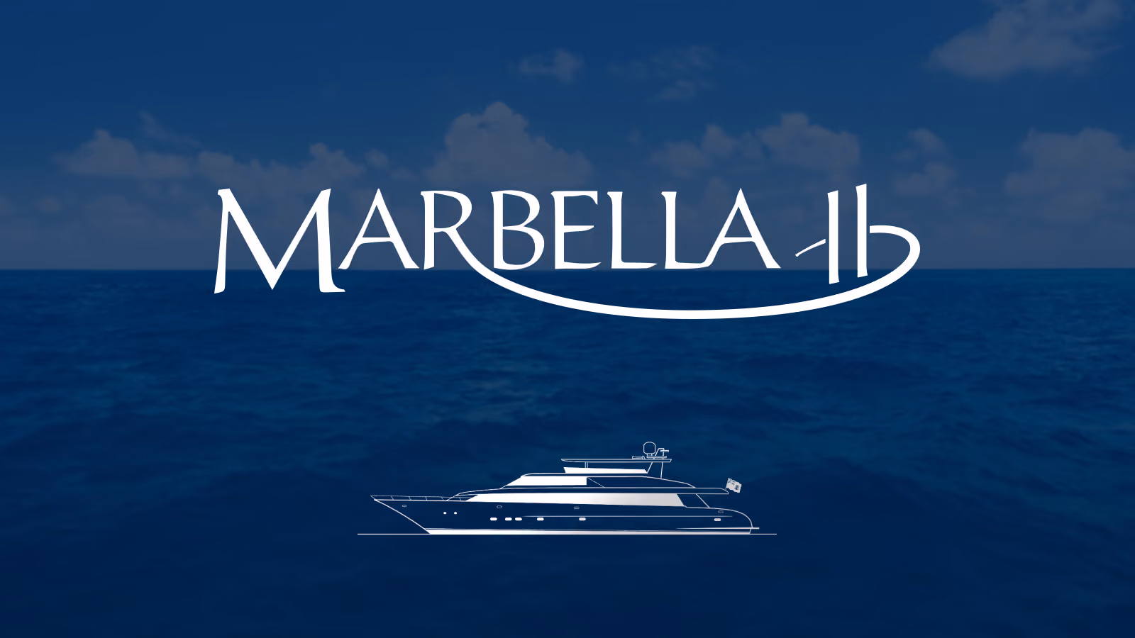 White Marbella logo above a line drawing of a yacht on a blue sea under a cloudy sky.