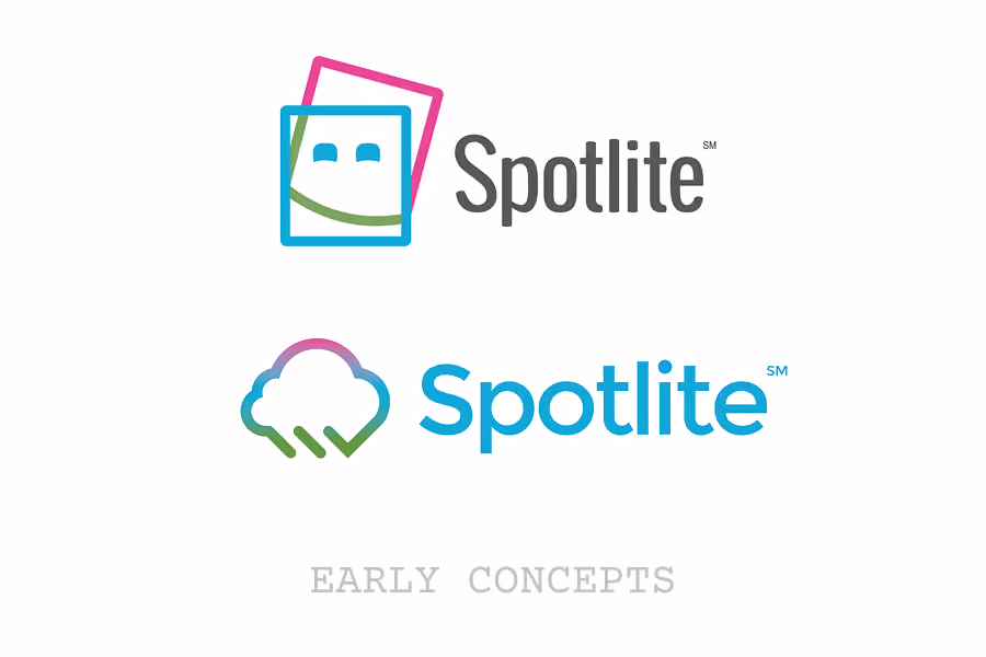 Two early Spotlite logo concepts: one with overlapping squares and one with a cloud and rain design.