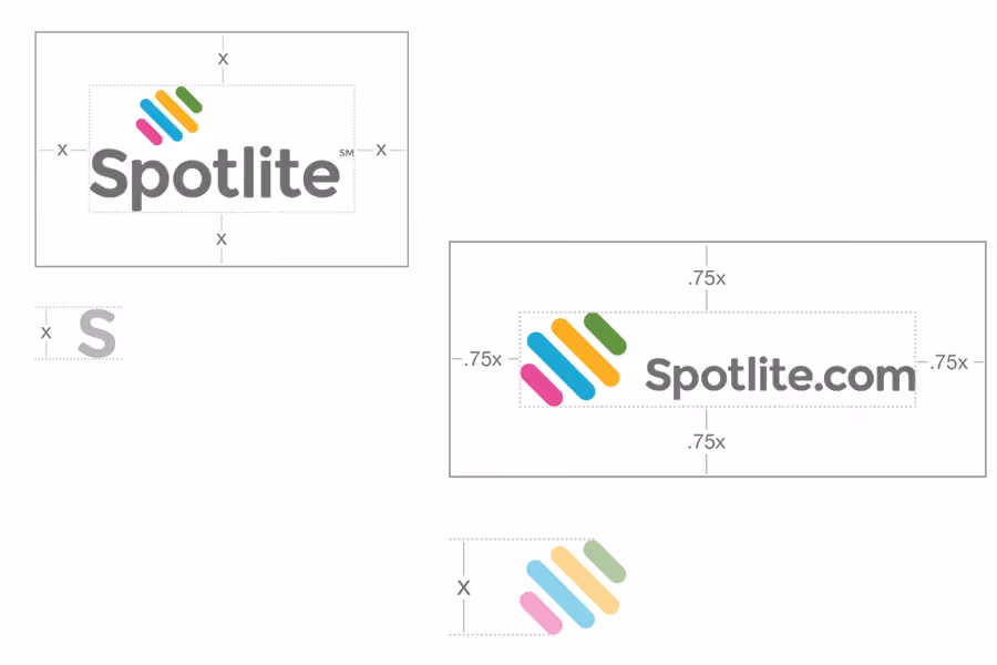 Spotlite brand logo variations with colorful diagonal bars and text in different layouts.