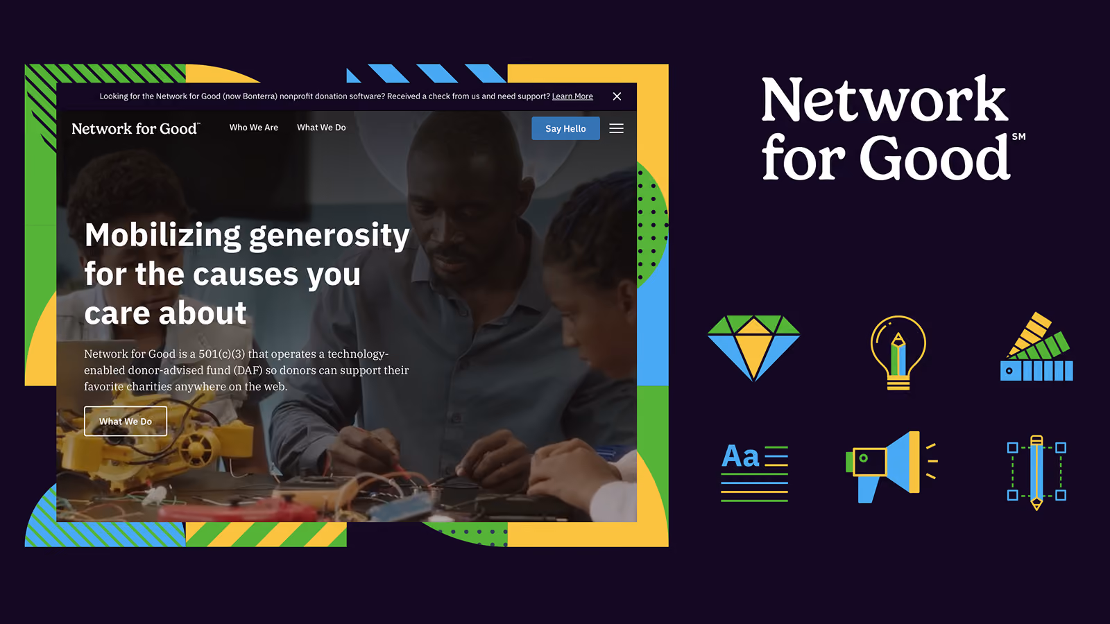 Network for Good website screenshot with tagline about mobilizing generosity for causes, and three colorful icons.