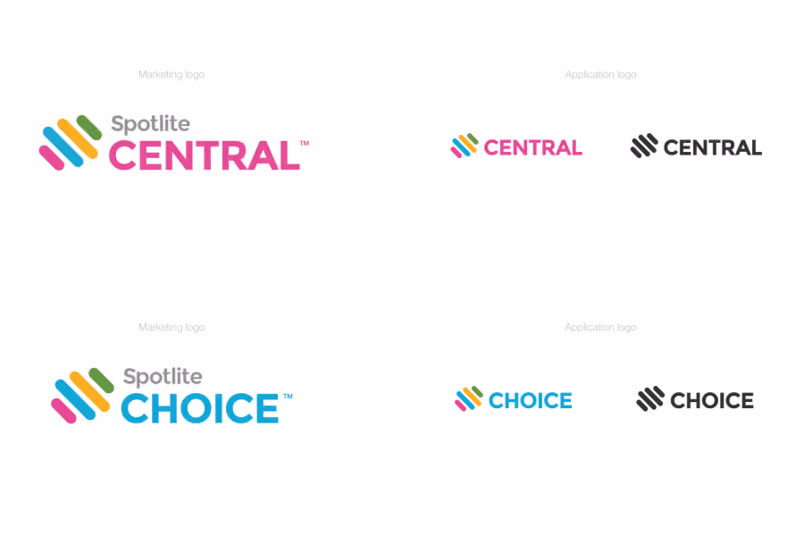 Spotlite Central and Spotlite Choice logos in color and black, each with colored diagonal stripes icon.
